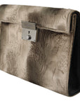 Beige Velvet Croco-Print Leather Briefcase Clutch