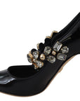 Elegant Black Leather Crystal Pumps