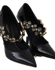 Elegant Black Leather Crystal Pumps