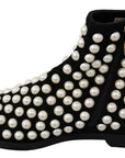 Chic Black Suede Ankle Boots with Pearls