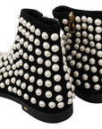 Chic Black Suede Ankle Boots with Pearls