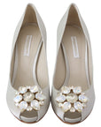 White Crystal Peep Toe Silk Blend Heels