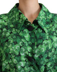 Silk Green Leaves Print Trench Jacket