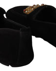 Elegant Black Leather Loafer Slides with Gold Embroidery