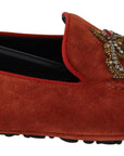 Opulent Orange Leather Loafers with Gold Embroidery