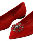 Crystal Embellished Red Suede Flats