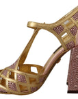 Silk-Infused Leather Crystal Pumps in Pink Gold