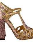 Silk-Infused Leather Crystal Pumps in Pink Gold