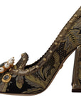 Golden Jacquard Brocade Square Toe Pumps