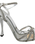 Silver Leather Ankle Strap Sandals with Crystals