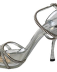 Silver Leather Ankle Strap Sandals with Crystals