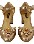 Elegant Gold Leather Block Heels with Crystals