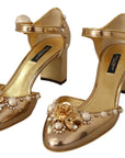 Elegant Gold Leather Block Heels with Crystals