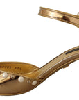 Elegant Gold Leather Block Heels with Crystals