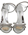 Silver Leather Ankle Strap Sandals with Crystals