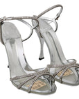 Silver Leather Ankle Strap Sandals with Crystals