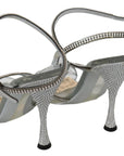 Silver Leather Ankle Strap Sandals with Crystals