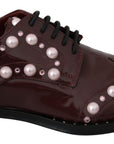 Elegant Bordeaux Lace-Up Flats with Pearls and Crystals