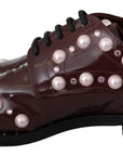 Elegant Bordeaux Lace-Up Flats with Pearls and Crystals