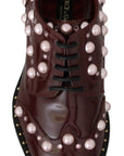 Elegant Bordeaux Lace-Up Flats with Pearls and Crystals