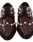 Elegant Bordeaux Lace-Up Flats with Pearls and Crystals