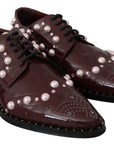 Elegant Bordeaux Lace-Up Flats with Pearls and Crystals