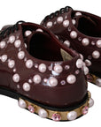 Elegant Bordeaux Lace-Up Flats with Pearls and Crystals