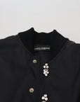 Elegant Black Crystal-Embellished Bomber Jacket