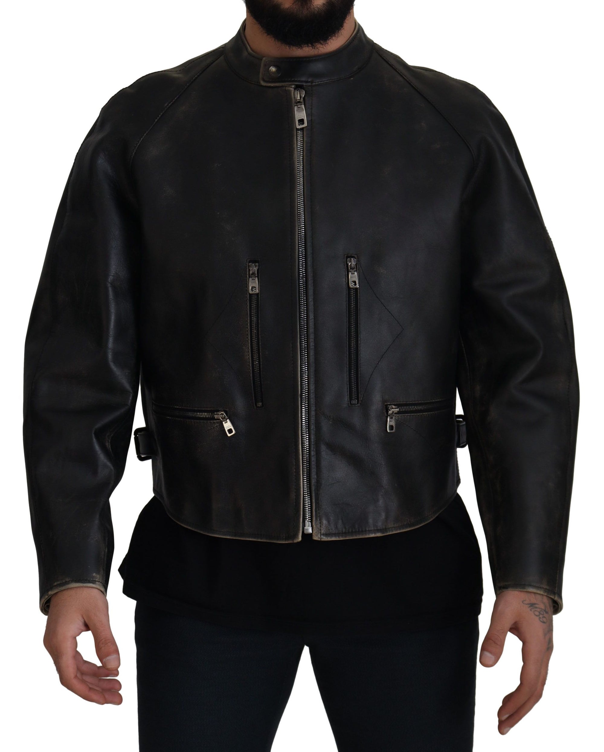 Elegant Black Leather Jacket with Silver Details
