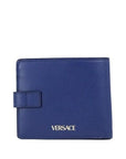 Navy Blue Compact Smooth Leather Gold Toned Medusa Snap Bifold Wallet