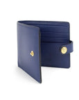 Navy Blue Compact Smooth Leather Gold Toned Medusa Snap Bifold Wallet