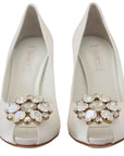 Crystal-Embellished White Peep Toe Heels