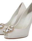 Crystal-Embellished White Peep Toe Heels