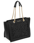 Elegant Black Floral Calfskin Shoulder Bag
