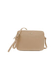 Chic Beige Calfskin Camera Bag with Woven Motif