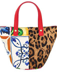 Elegant Floral Cotton Handbag with Leather Accents