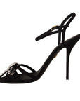 Elegant Black Viscose Ankle Strap Sandals with Crystals