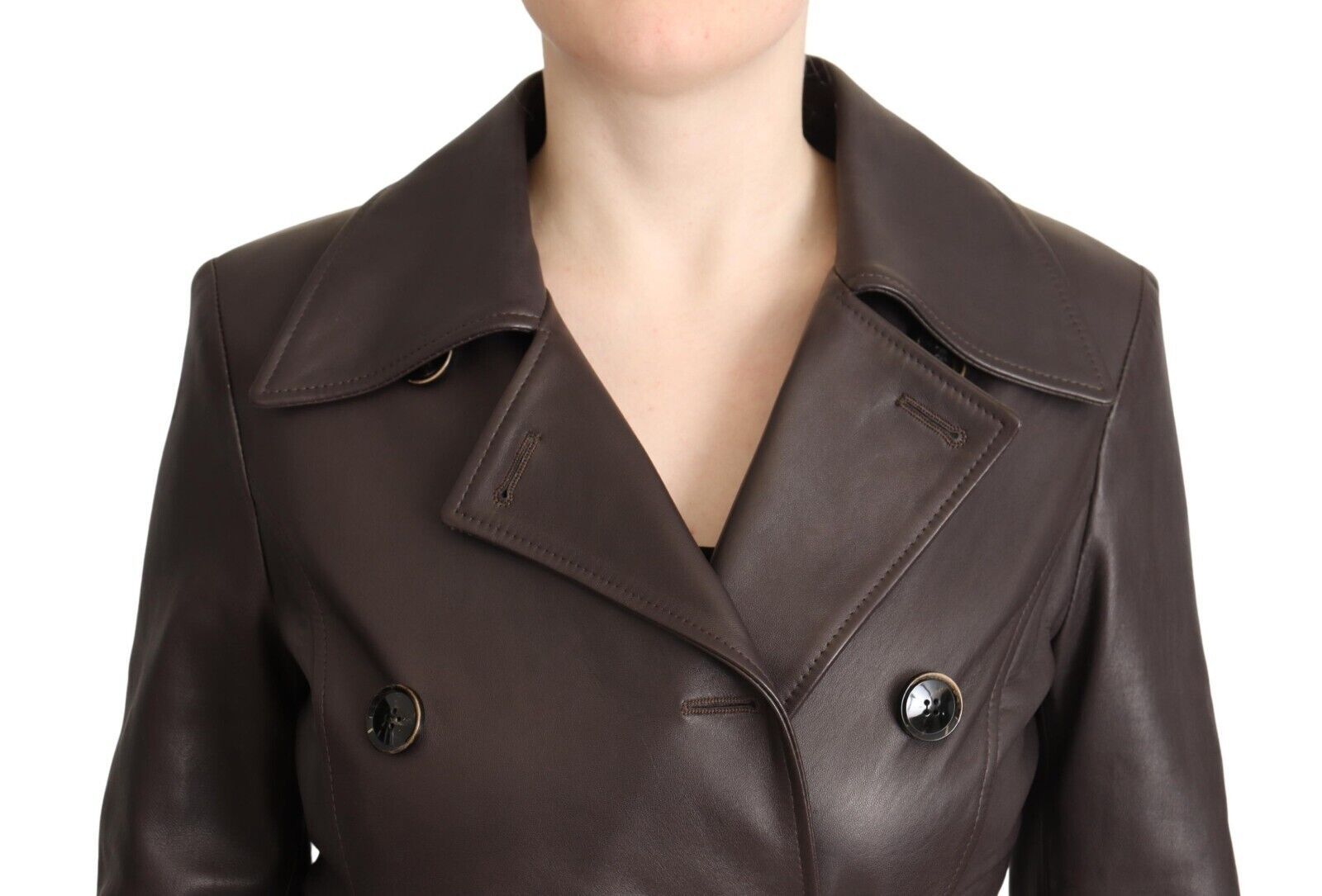 Elegant Double-Breasted Lambskin Leather Coat