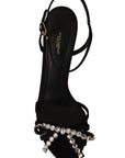 Elegant Black Viscose Ankle Strap Sandals with Crystals