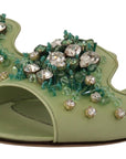 Elegant Crystal-Embellished Green Leather Slides