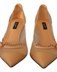 Elegant Beige Mesh Pumps with Silver Chains