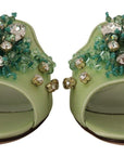 Elegant Crystal-Embellished Green Leather Slides