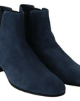 Chic Blue Suede Mid-Calf Boots with Stud Details