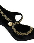 Elegant Gold-Embroidered Black Velvet Pumps