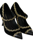 Elegant Gold-Embroidered Black Velvet Pumps