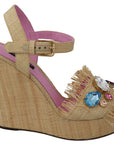 Beige Silk Strap Wedge Sandals