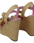 Beige Silk Strap Wedge Sandals