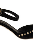 Elegant Velvet Studded Heels with Floral Accent