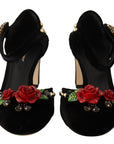 Elegant Velvet Studded Heels with Floral Accent