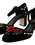 Elegant Velvet Studded Heels with Floral Accent